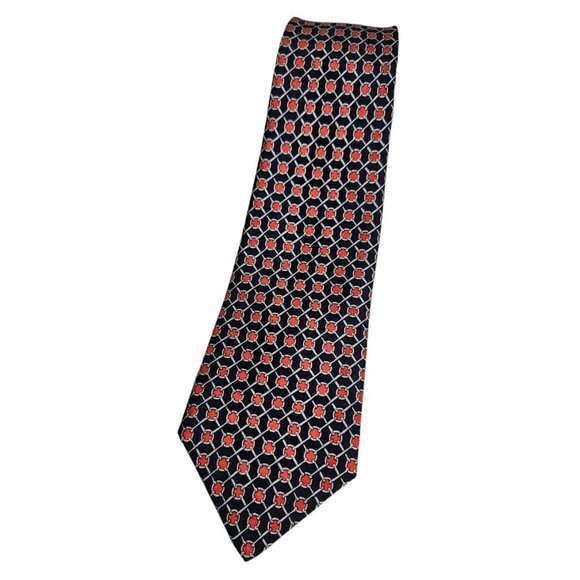 HERMÈS Men's 100% Silk Necktie LUXURY Tie 990 SA Navy Red Chain W:3.4" EUC - Picture 1 of 4